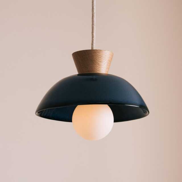 Blue Small Dawn Pendant Light in Ceramic & Oak - image 1