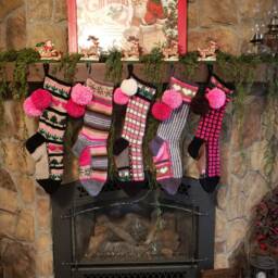 Hand Knit Christmas Stockings Pink Gray White Windowpane Stripe Flower Detail By Santa's Stocking Works - thumbnail 4