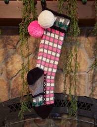 Hand Knit Christmas Stockings Pink Gray White Windowpane Stripe Flower Detail By Santa's Stocking Works