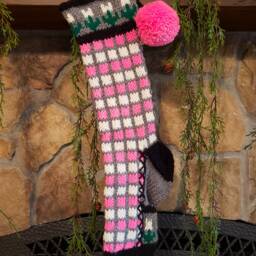 Hand Knit Christmas Stockings Pink Gray White Windowpane Stripe Flower Detail By Santa's Stocking Works - thumbnail 2
