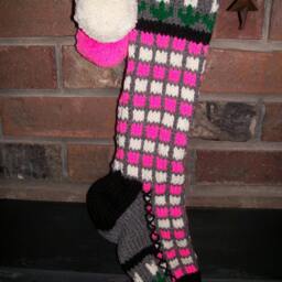 Hand Knit Christmas Stockings Pink Gray White Windowpane Stripe Flower Detail By Santa's Stocking Works - thumbnail 3
