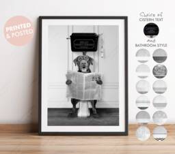 Black & White Chocolate Labrador Retriever Dog On Toilet With Newspaper, Print, Funny Bathroom Toilet, Humour - thumbnail 1