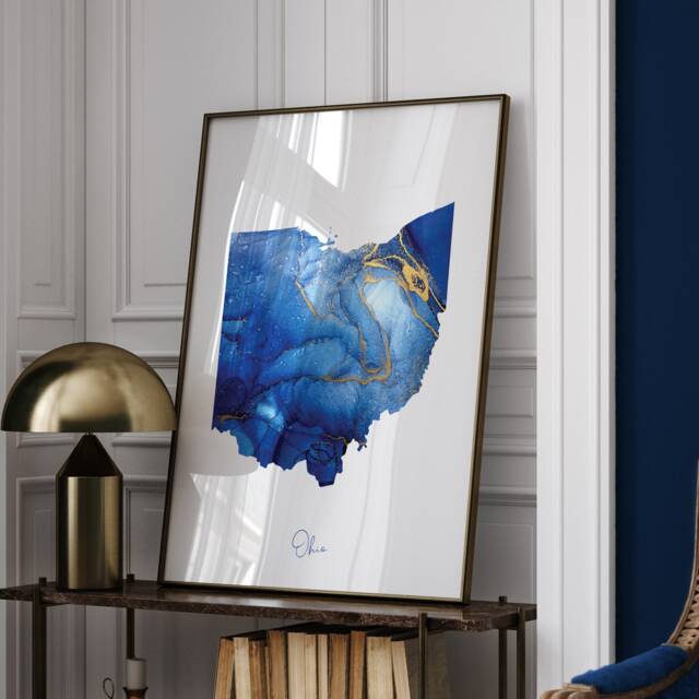 Ohio Map Blue & Gold Wall Art Print - Us State United States Of America Usa - image 1
