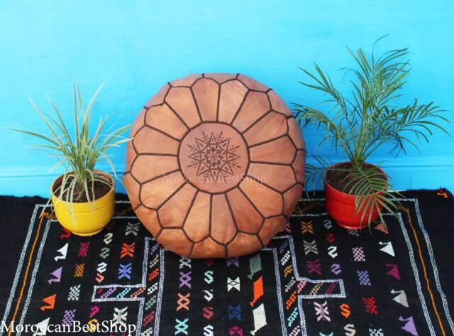 Handmade Moroccan Leather Pouf Round Ottoman Footstool, Boho Decor - image 1