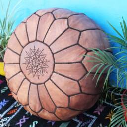 Handmade Moroccan Leather Pouf Round Ottoman Footstool, Boho Decor - thumbnail 3
