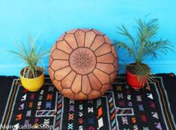 Handmade Moroccan Leather Pouf Round Ottoman Footstool, Boho Decor - thumbnail 1