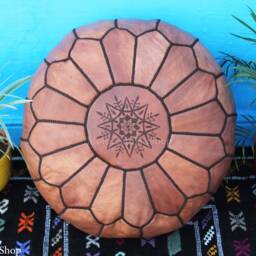 Handmade Moroccan Leather Pouf Round Ottoman Footstool, Boho Decor - thumbnail 2