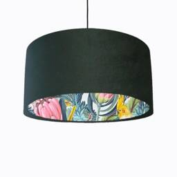 Forest Green Velvet Lampshade With Blush Parrot Lining, Large Ceiling Lightshade - thumbnail 1