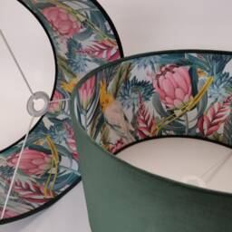 Forest Green Velvet Lampshade With Blush Parrot Lining, Large Ceiling Lightshade - thumbnail 2