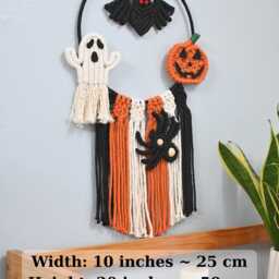 Spooky Handmade Macrame Halloween Wall Hanging, Bat, Ghost, Pumpkin - thumbnail 3