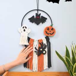 Spooky Handmade Macrame Halloween Wall Hanging, Bat, Ghost, Pumpkin - thumbnail 2