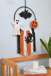 Spooky Handmade Macrame Halloween Wall Hanging, Bat, Ghost, Pumpkin - thumbnail 1