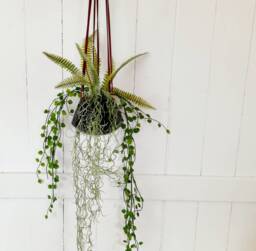Green Ceramic Mixed Faux Foliage Hanging Planter