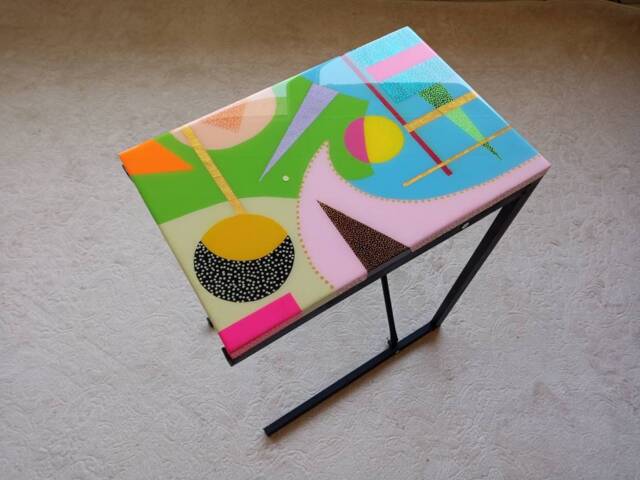 Epoxy Resin C Table Abstract Art Side Table With Metal Legs - image 1