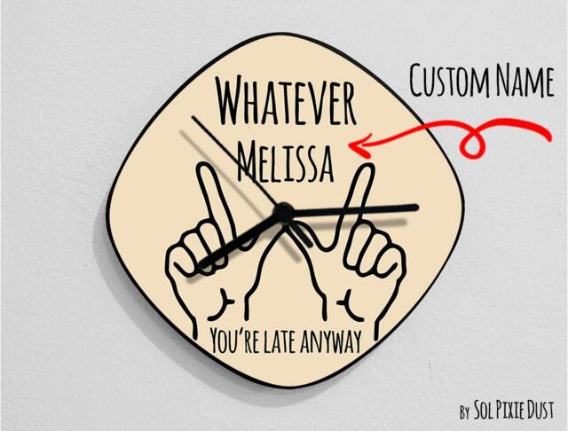 Custom Name Whatever, You're Late Anyway Hand Symbol/Oval Beige - Wall Clock - image 1