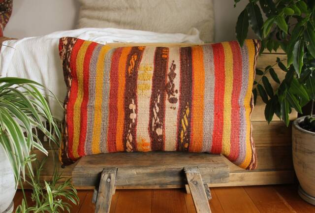 4060cm - 1624In Genuine Handwoven Vintage Kilim Pillow Cover - Hand Spun Wool Rustic Warm Autumn Tones - image 1
