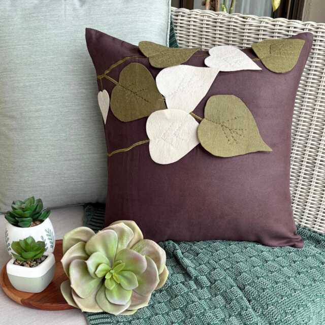 "Faux Suede Brown Applique Tropical Style Decorative Pillow Sham, 24""x24""/26""x26" - image 1
