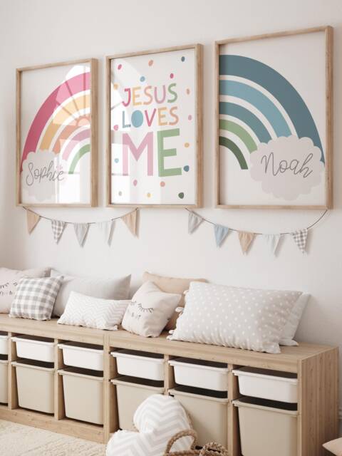 Jesus Loves Me, Rainbow Wall Art, Set Of 3, Bible Verse Prints, Christian Nursery Girls Bedroom Decor - image 1