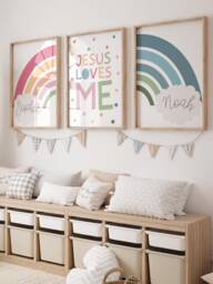 Jesus Loves Me, Rainbow Wall Art, Set Of 3, Bible Verse Prints, Christian Nursery Girls Bedroom Decor - thumbnail 1