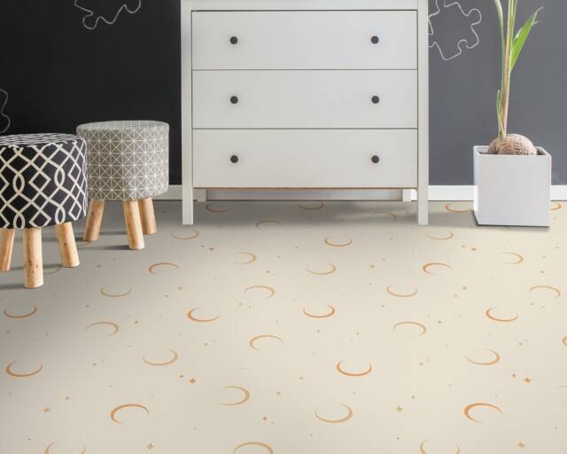 Boho Night Symbol Moon Vinyl Flooring, Beige Linoleum in Roll, Yellow Abstract Decor, Stars Aesthetic Room Nursery Art Flooring - image 1