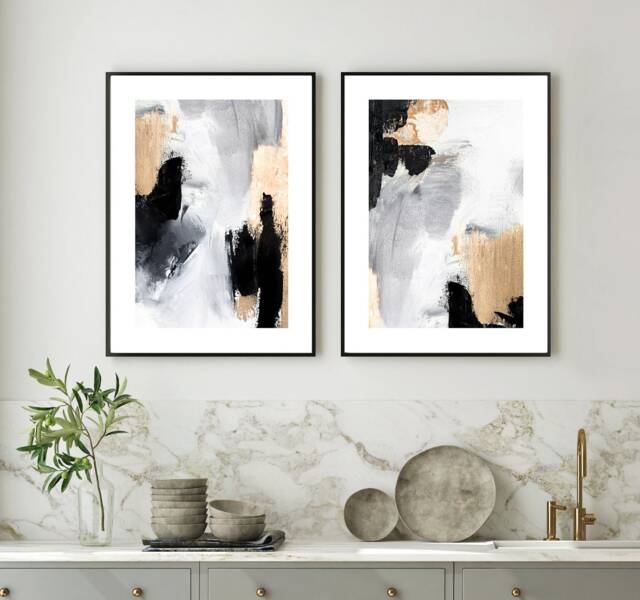 Set Of 2 Black Grey Gold Abstract Canvas Texture Detail, Pair Wall Art Print Home Decor Poster, Lounge, Hallway, Bathroom, Kitchen - image 1