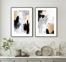 Set Of 2 Black Grey Gold Abstract Canvas Texture Detail, Pair Wall Art Print Home Decor Poster, Lounge, Hallway, Bathroom, Kitchen - thumbnail 1