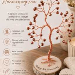 Personalised Copper Wedding Anniversary Tree, 7Th Gift For Couples, Handmade Wire Tree Sculpture - thumbnail 2