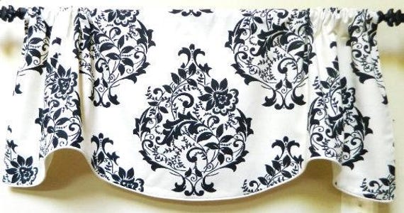 Evelyn Black & White Suzani Damask Pattern -Window Valance/Lined Corded /Rod Pocket Scalloped - image 1