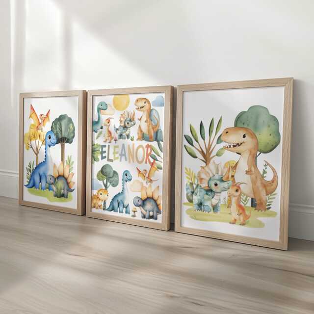Personalised Dinosaur Nursery Print Set - Custom Name & Initial Wall Art Dino Theme Baby Room Decor -Optional White Or Oak Frames - image 1