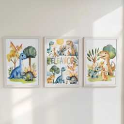 Personalised Dinosaur Nursery Print Set - Custom Name & Initial Wall Art Dino Theme Baby Room Decor -Optional White Or Oak Frames - thumbnail 2