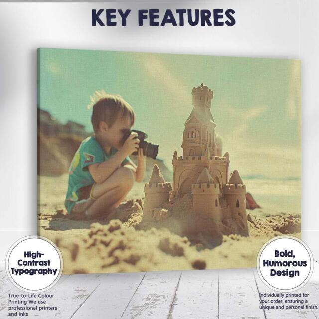 Young Boy Photographing Sandcastle On Sunny Beach Canvas Wall Art Print Decor Picture Ready To Hang - image 1