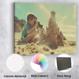 Young Boy Photographing Sandcastle On Sunny Beach Canvas Wall Art Print Decor Picture Ready To Hang - thumbnail 2
