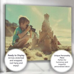 Young Boy Photographing Sandcastle On Sunny Beach Canvas Wall Art Print Decor Picture Ready To Hang - thumbnail 3