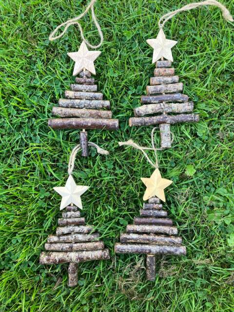 Set Of 4 Hanging Christmas Tree Decorations Wooden Log Natural Handmade Star - image 1