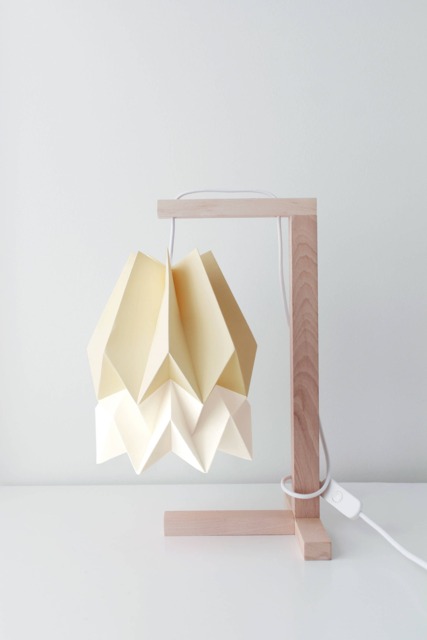 Table Lamp, Origami Lampshade - Lamp Pale Yellow With Polar White Stripe Wooden Structure - image 1