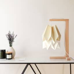 Table Lamp, Origami Lampshade - Lamp Pale Yellow With Polar White Stripe Wooden Structure - thumbnail 2