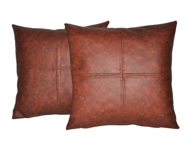 "2 Two Tone Tan Brown Check Design Faux Leather Cushions 16"" 18"" 20" - image 1