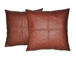 "2 Two Tone Tan Brown Check Design Faux Leather Cushions 16"" 18"" 20"