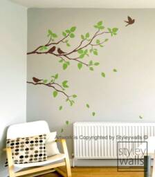 Branches Wall Decal, Two Spring & Birds Leaves Branch Decal For Home Decor, Sticker - thumbnail 1