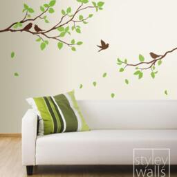 Branches Wall Decal, Two Spring & Birds Leaves Branch Decal For Home Decor, Sticker - thumbnail 2