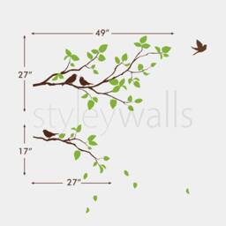 Branches Wall Decal, Two Spring & Birds Leaves Branch Decal For Home Decor, Sticker - thumbnail 3
