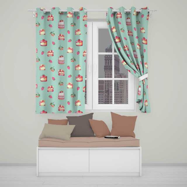 Cute Strawberry Cherry Cake Dessert Mint Green Background Seamless Pattern Readymade Eyelet Ring Top Thermal 100% Blackout Curtains - image 1