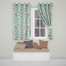 Cute Strawberry Cherry Cake Dessert Mint Green Background Seamless Pattern Readymade Eyelet Ring Top Thermal 100% Blackout Curtains - thumbnail 1