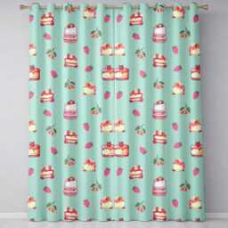 Cute Strawberry Cherry Cake Dessert Mint Green Background Seamless Pattern Readymade Eyelet Ring Top Thermal 100% Blackout Curtains - thumbnail 2