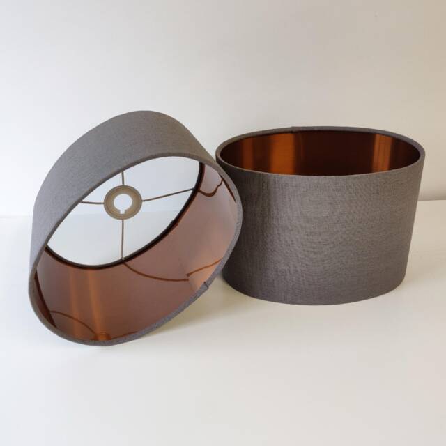 Grey Oval Drum Lampshade in Linen With Copper Lining - image 1