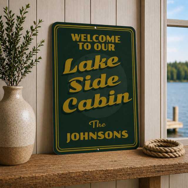 Personalized Lakeside Cabin Metal Sign, Custom Name Lakefront Decor, Rustic Wall Art, Waterfront Welcome Sign - image 1