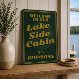 Personalized Lakeside Cabin Metal Sign, Custom Name Lakefront Decor, Rustic Wall Art, Waterfront Welcome Sign - thumbnail 1