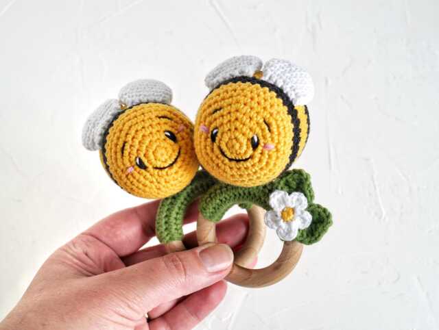Crochet Bee Baby Toy On Wooden Ring, Honey Shower Gift, Neutral Gift For Mom To Be - image 1