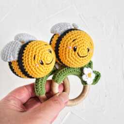 Crochet Bee Baby Toy On Wooden Ring, Honey Shower Gift, Neutral Gift For Mom To Be - thumbnail 2