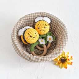 Crochet Bee Baby Toy On Wooden Ring, Honey Shower Gift, Neutral Gift For Mom To Be - thumbnail 3